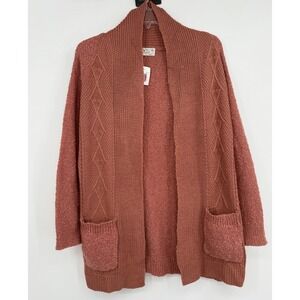 NWT Poof Apparel Women's L Cable Knit Open Front Pockets Shawl Neckline Cardigan